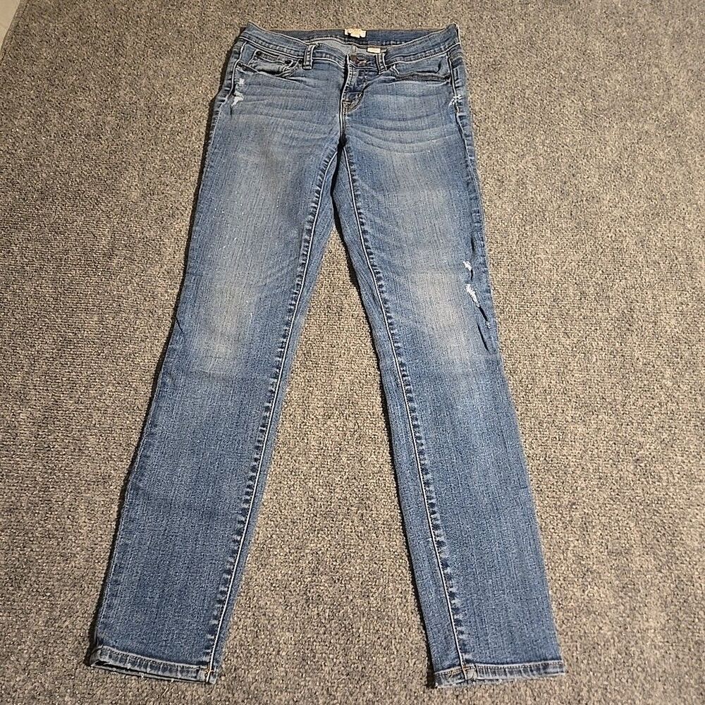 J. CREW Jeans Women’s Size 29 Blue Stretch Straight Distressed Pockets Zip